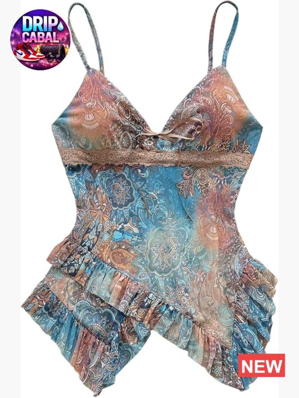 Sleeveless Babydoll Tank Top with Floral Lace Ruffle Hem